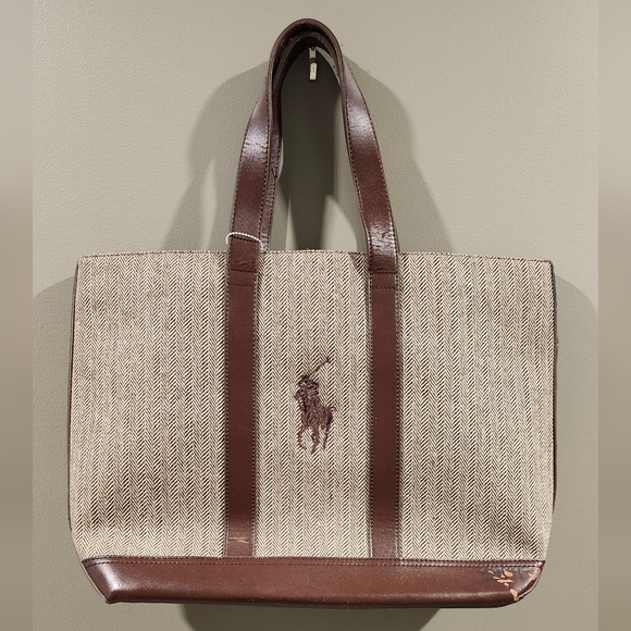 Polo Ralph Lauren Handbags - Polo Ralph Lauren Brown Leather Canvas Tote Bag